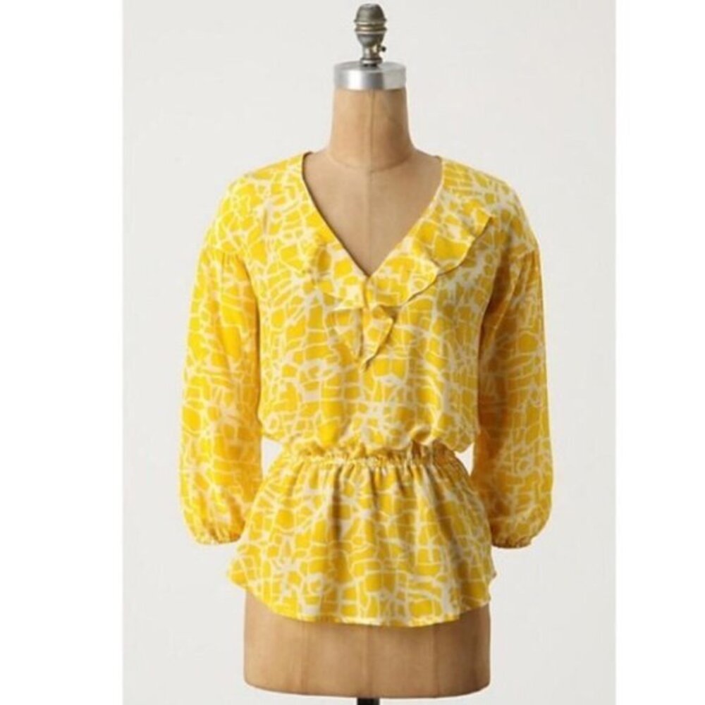 Anthropologie Girls From Savoy‎ Yellow Silk Peplum Blouse Size M